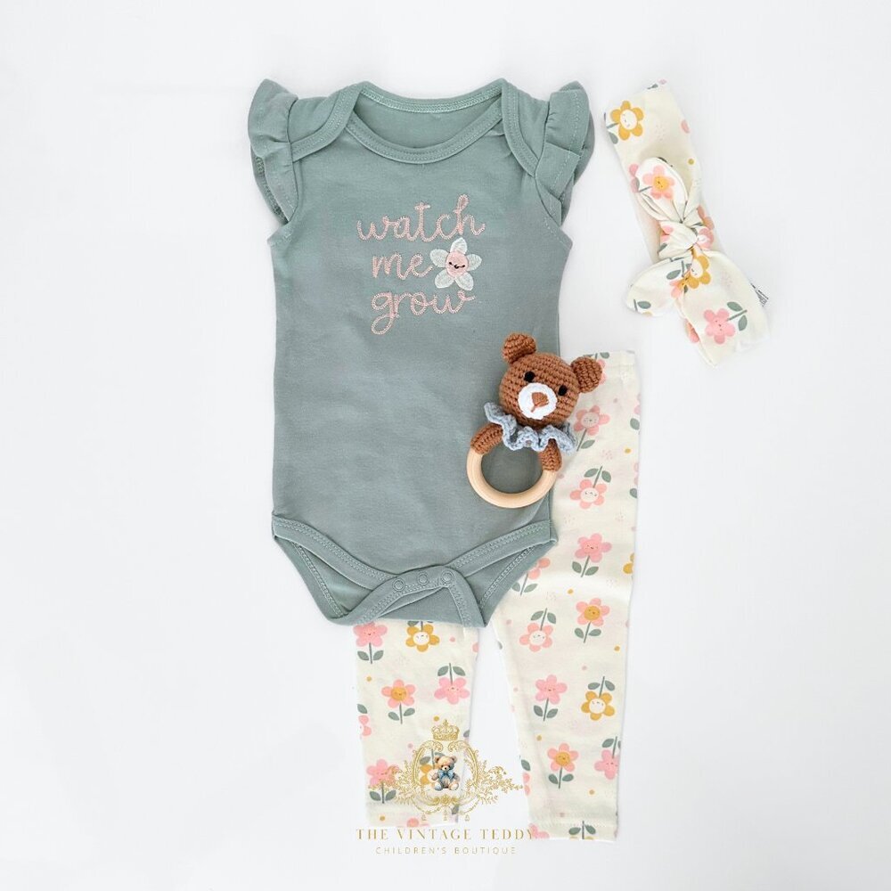 NWT Cute Girls 3 Piece Set Baby Onesie Pants Headband Watch Me Grow Flowers 0-3M